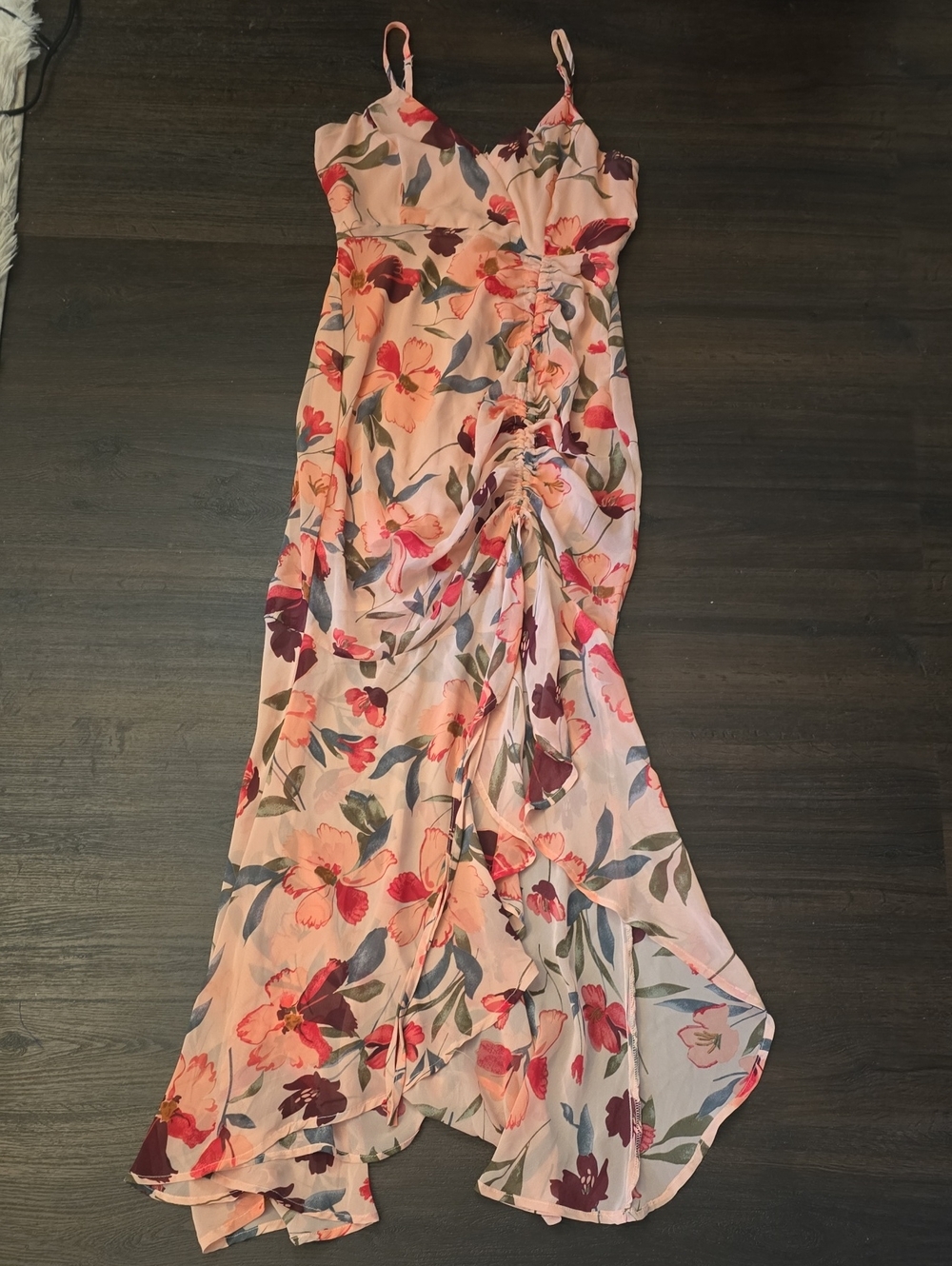 Fashion Nova Pink Floral Ruching Maxi Dress